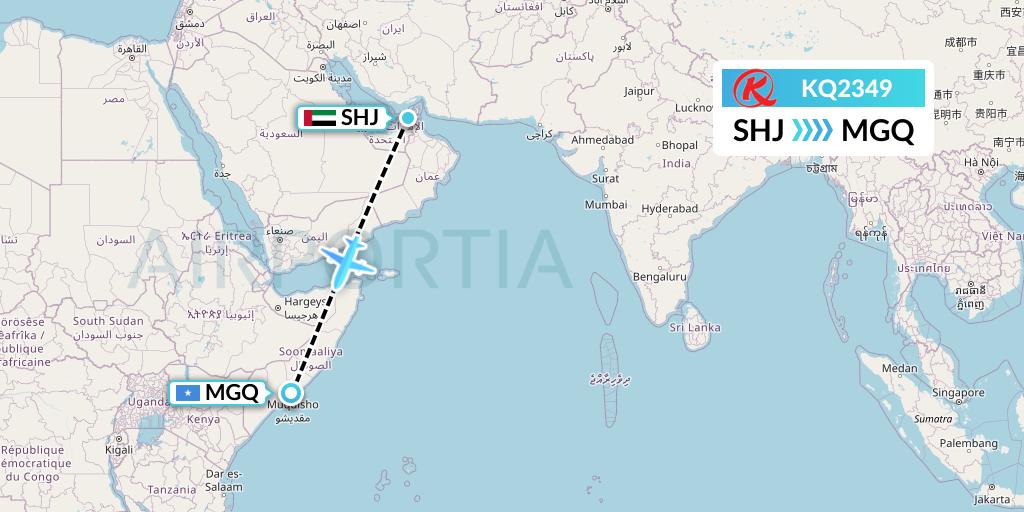 KQ2349 Kenya Airways Flight Map: Sharjah to Mogadishu