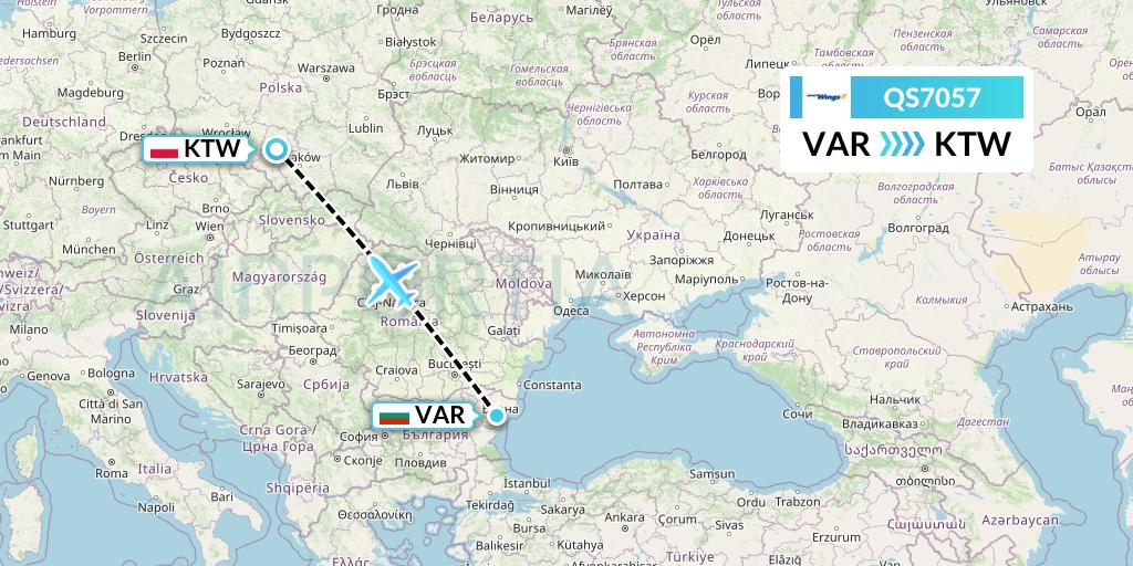 QS7057 Smartwings Flight Map: Varna to Katowice
