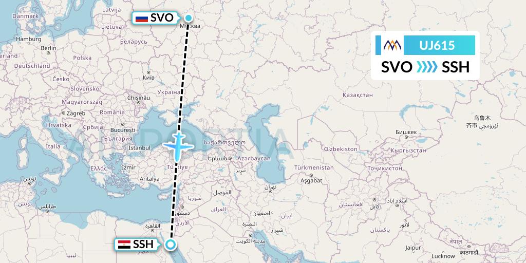 UJ615 AlMasria Universal Airlines Flight Map: Moscow to Sharm el-Sheikh