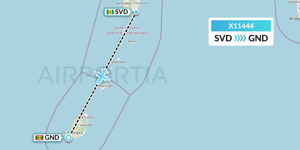 X11444 Nik Airways Flight Map: Kingstown to Point Salines