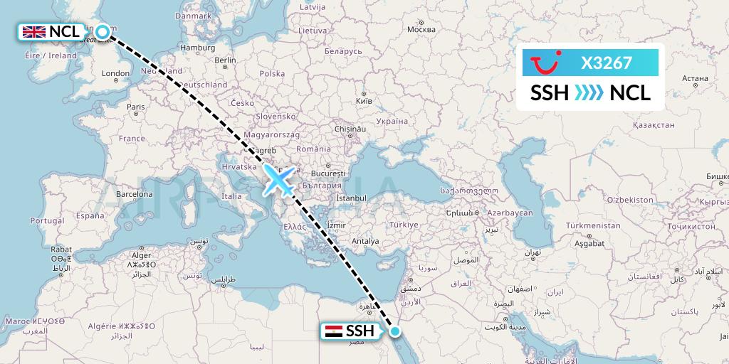 X3267 TUI fly Germany Flight Map: Sharm el-Sheikh to Newcastle