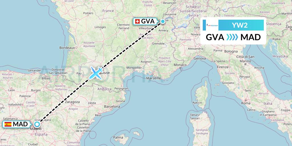 YW2 Air Nostrum Flight Map: Geneva to Madrid