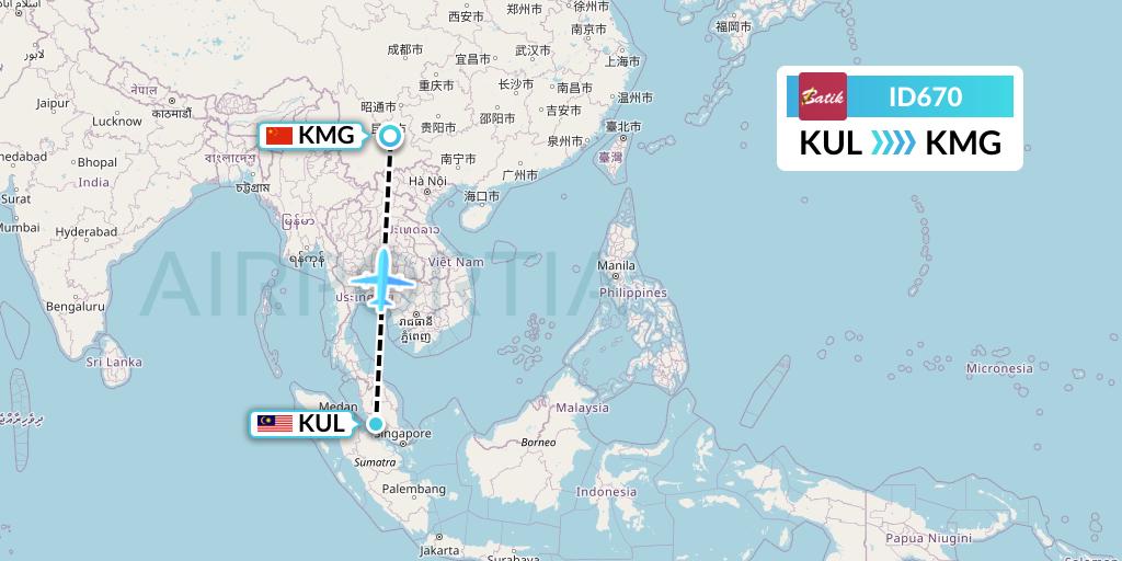 ID670 Batik Air Flight Map: Kuala Lumpur to Kunming