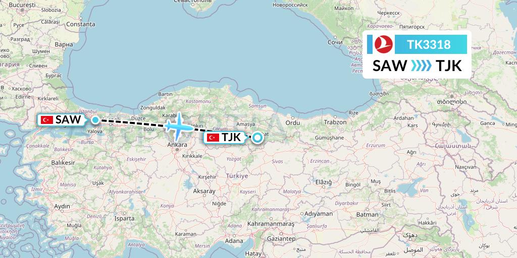 TK3318 Turkish Airlines Flight Map: Istanbul to Tokat