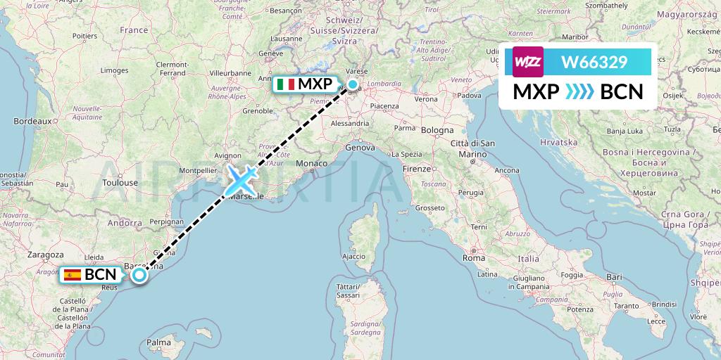 W66329 Wizz Air Flight Map: Milan to Barcelona