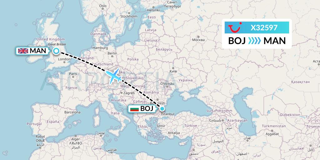 X32597 TUI fly Germany Flight Map: Burgas to Manchester