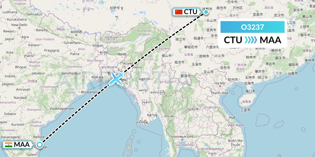 O3237 SF Airlines Flight Map: Chengdu to Chennai