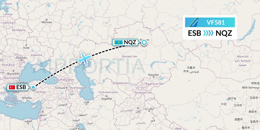 VF581 ValuAir Flight Map: Ankara to Astana