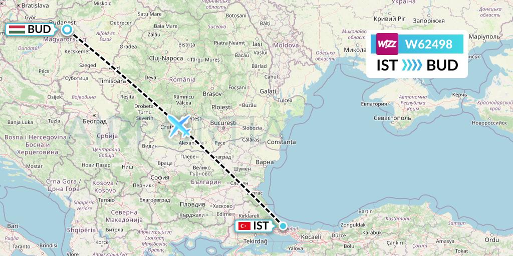 W62498 Wizz Air Flight Map: Istanbul to Budapest