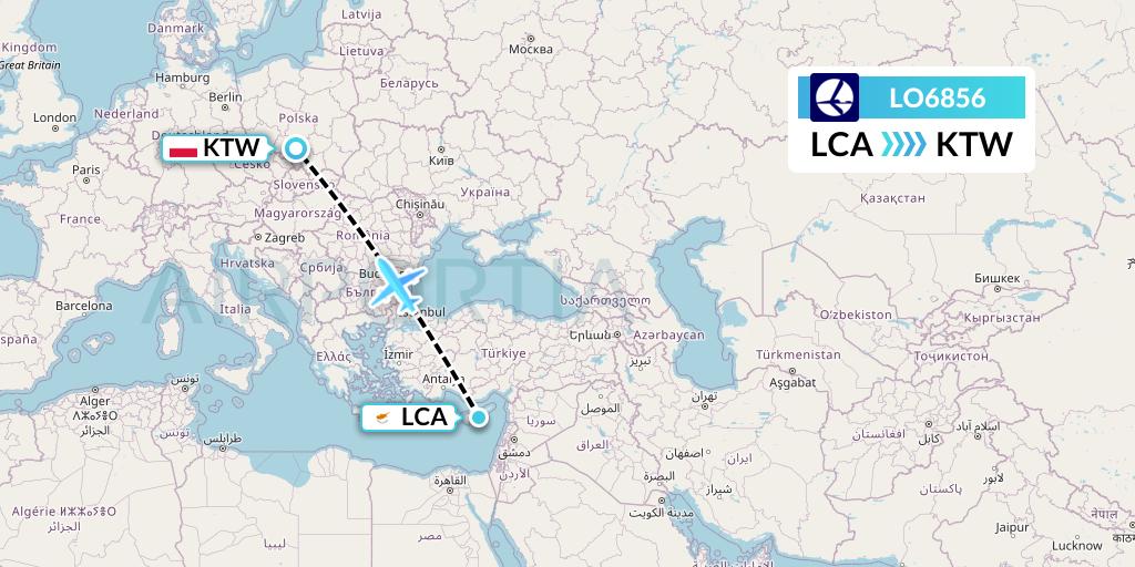 LO6856 LOT Flight Map: Larnaca to Katowice