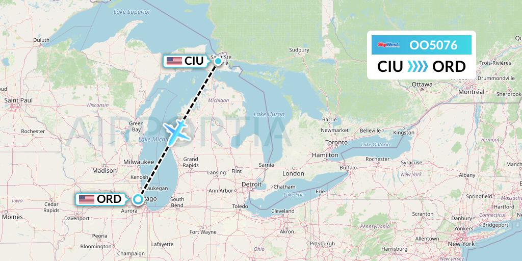 OO5076 SkyWest Airlines Flight Map: Sault Sainte Marie to Chicago