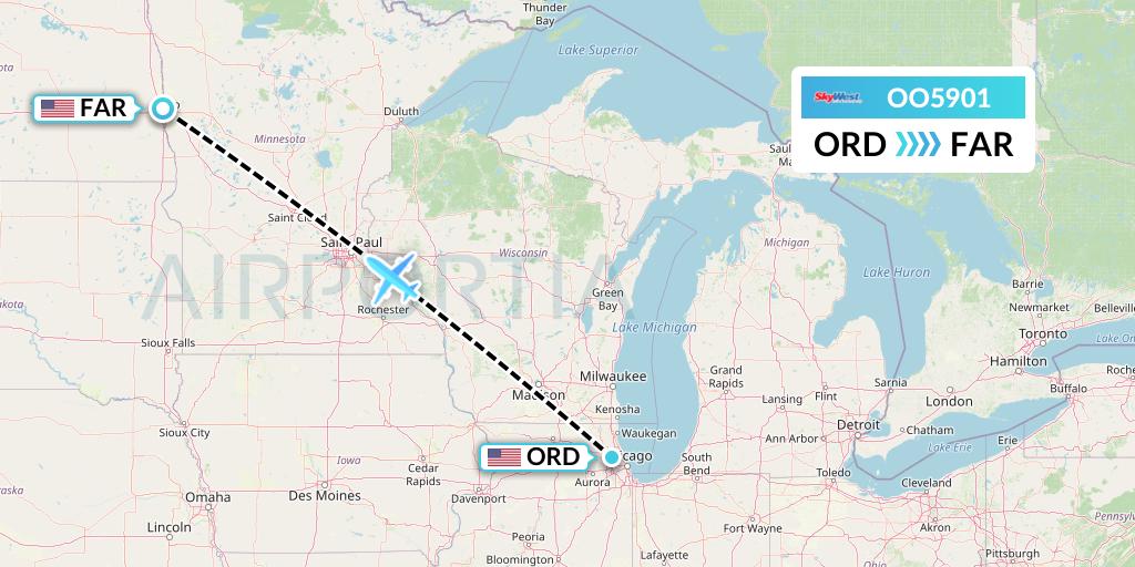 OO5901 SkyWest Airlines Flight Map: Chicago to Fargo