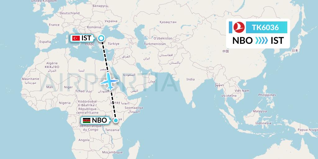 TK6036 Turkish Airlines Flight Map: Nairobi to Istanbul