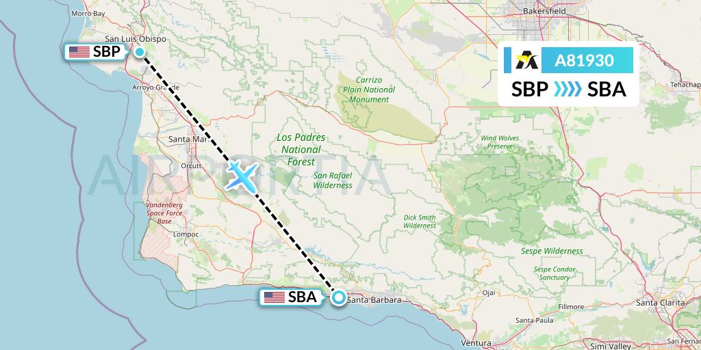 A81930 Aerolink Uganda Flight Map: San Luis Obispo to Santa Barbara