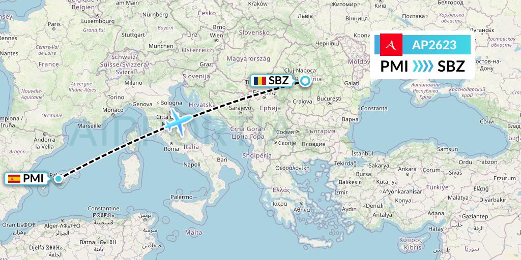 AP2623 AlbaStar Flight Map: Palma de Mallorca to Sibiu