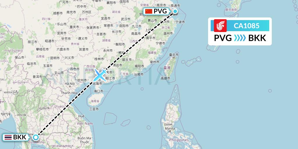 CA1085 Air China Flight Map: Shanghai to Bangkok