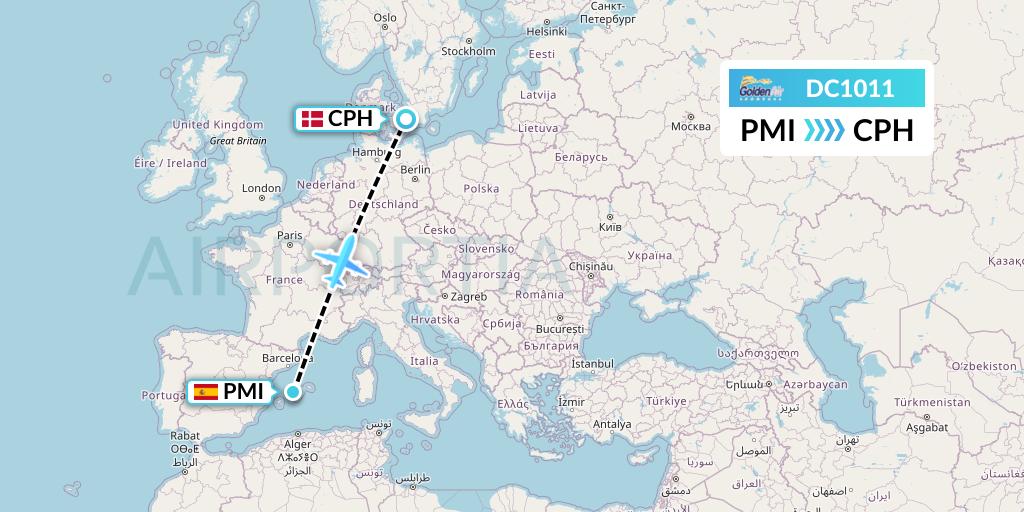 DC1011 Braathens Regional Flight Map: Palma de Mallorca to Copenhagen