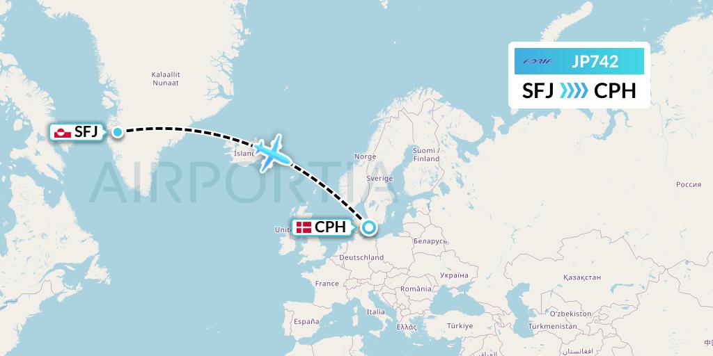 JP742 Adria Airways Flight Map: Kangerlussuaq to Copenhagen