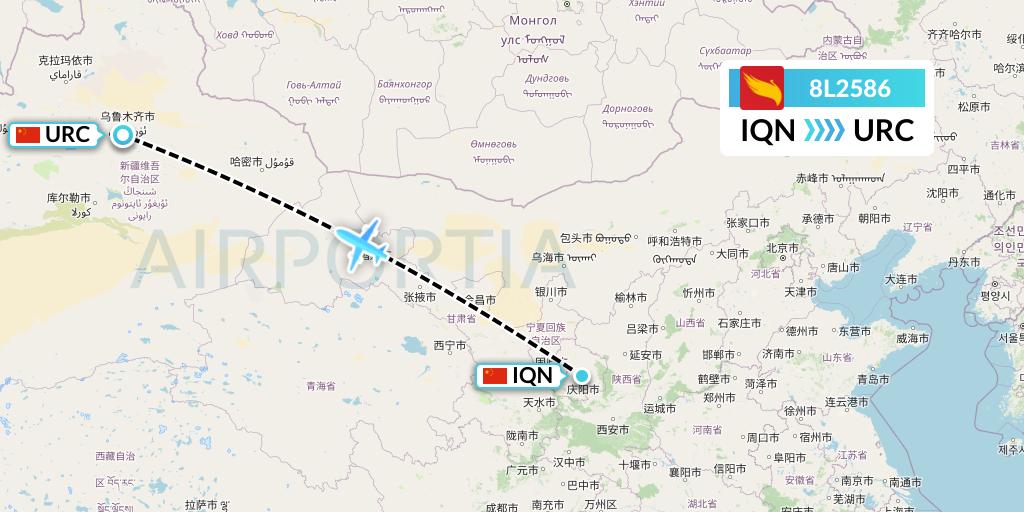 8L2586 Lucky Air Flight Map: Qingyang to Urumqi