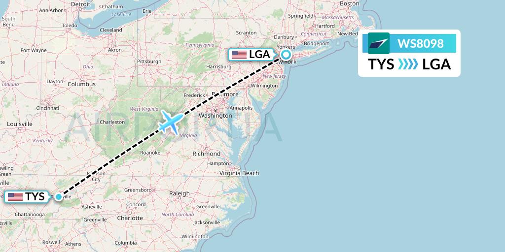 WS8098 WestJet Flight Map: Knoxville to New York