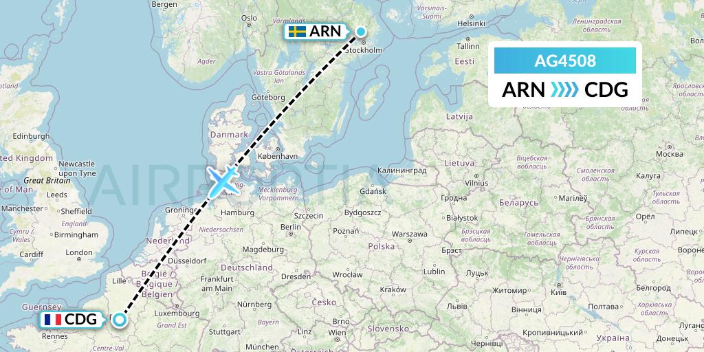 AG4508 Aruba Airlines Flight Map: Stockholm to Paris