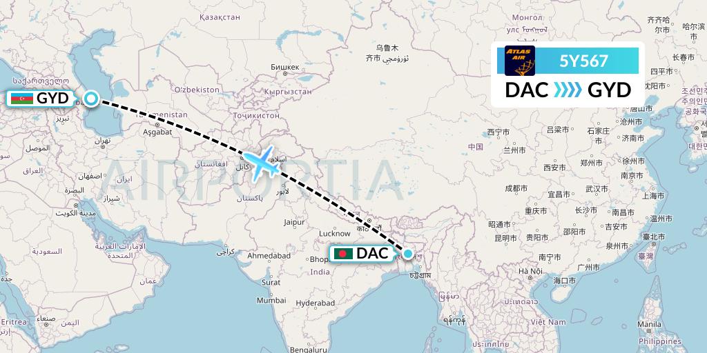 5Y567 Atlas Air Flight Map: Dhaka to Baku