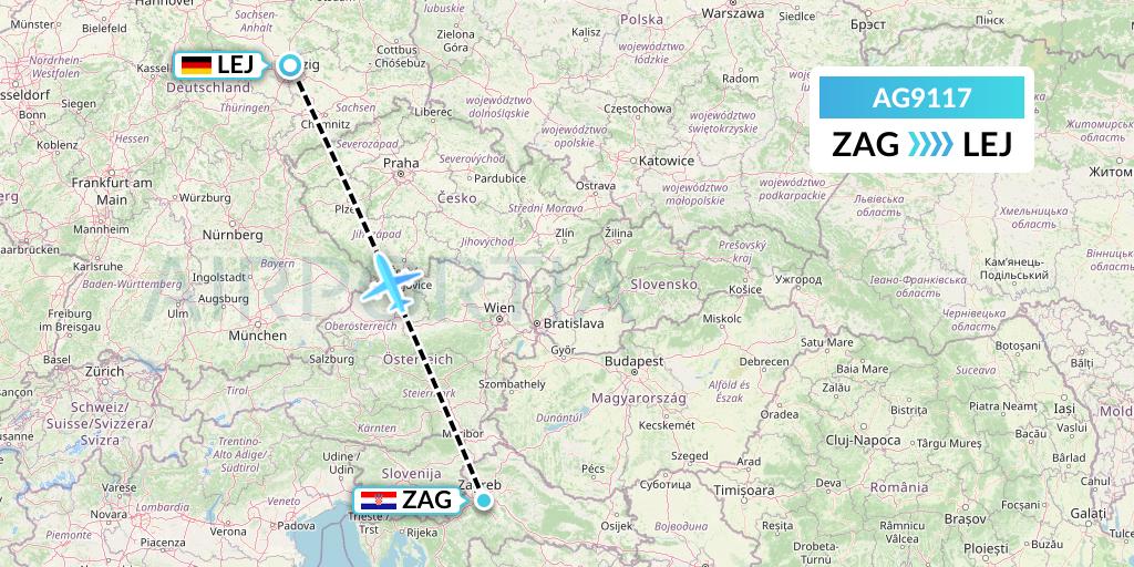 AG9117 Aruba Airlines Flight Map: Zagreb to Leipzig