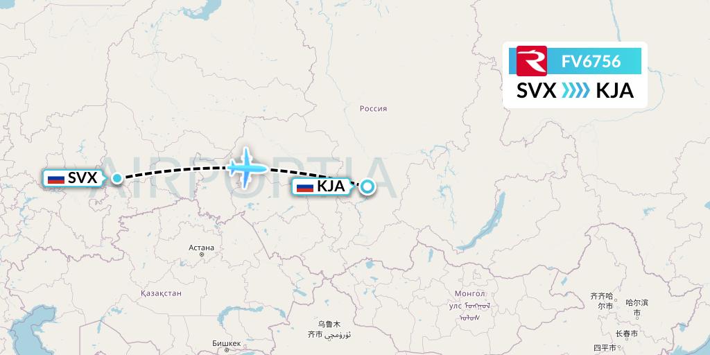 FV6756 Rossiya Flight Map: Yekaterinburg to Krasnoyarsk