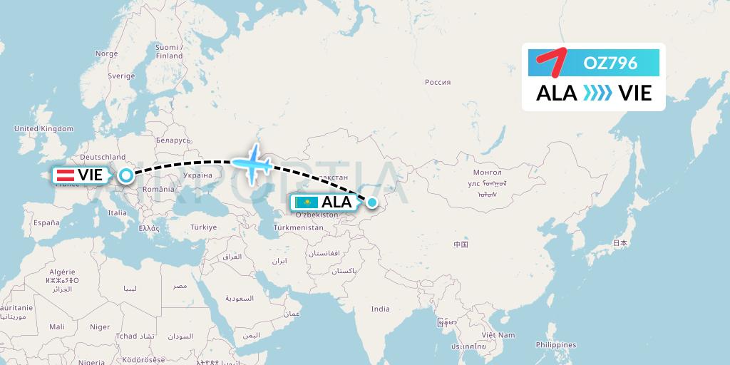 OZ796 Asiana Airlines Flight Map: Almaty to Vienna