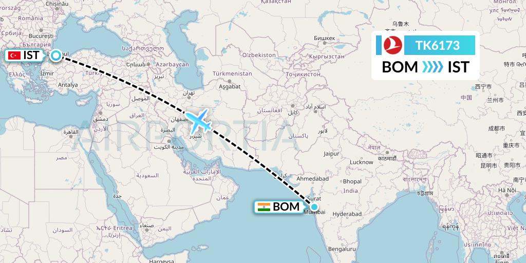 TK6173 Turkish Airlines Flight Map: Mumbai to Istanbul
