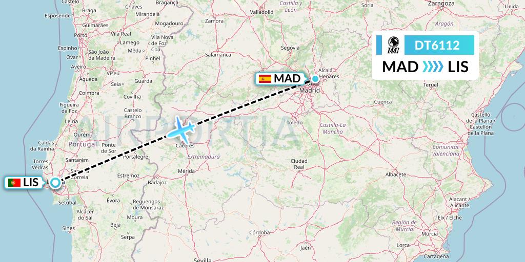DT6112 TAAG Angola Airlines Flight Map: Madrid to Lisbon