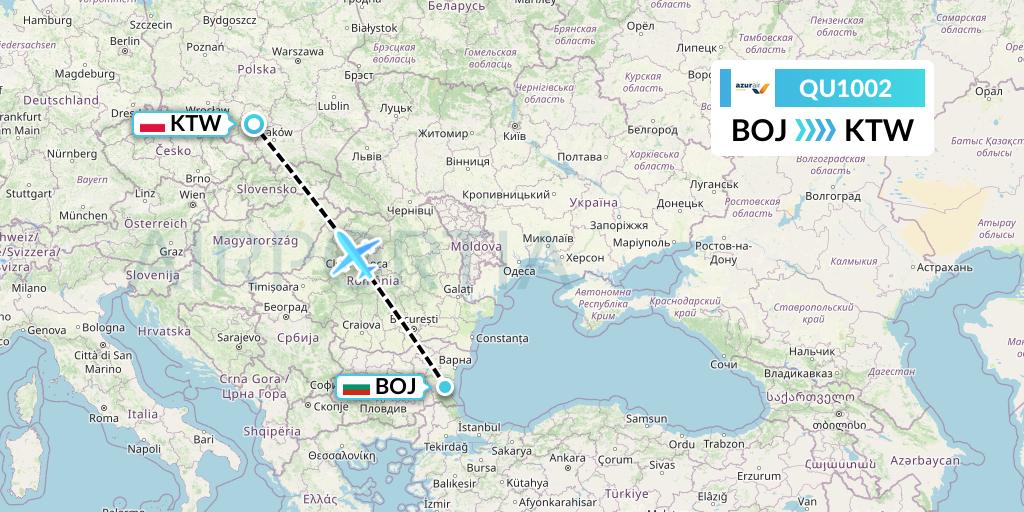 QU1002 Azur Air Ukraine Flight Map: Burgas to Katowice