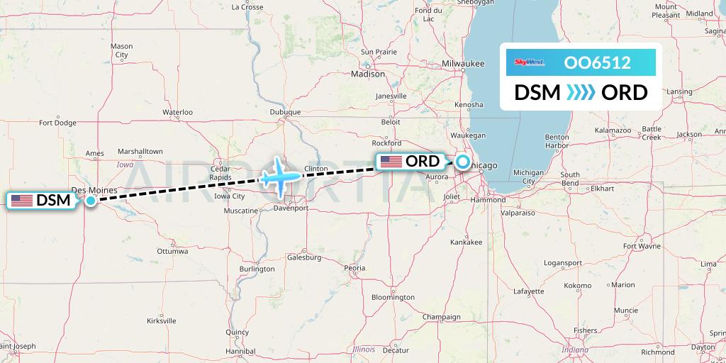 OO6512 SkyWest Airlines Flight Map: Des Moines to Chicago