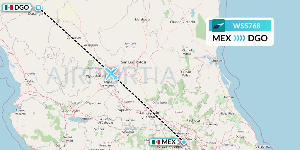 WS5768 WestJet Flight Map: Mexico City to Durango