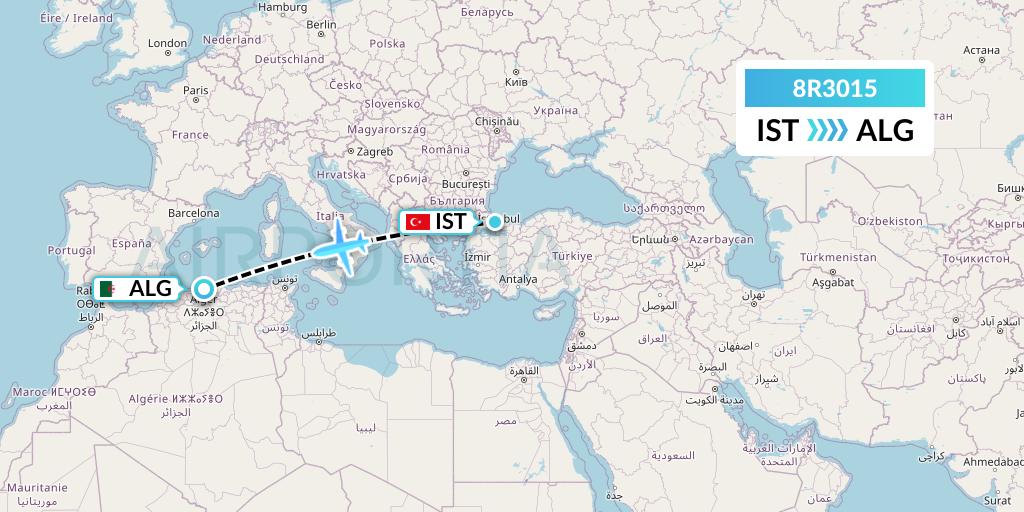 8R3015 Amelia Flight Map: Istanbul to Algiers