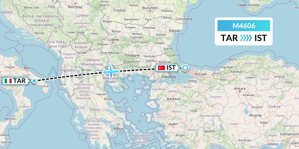 M4606 Mistral Air Flight Map: Taranto to Istanbul
