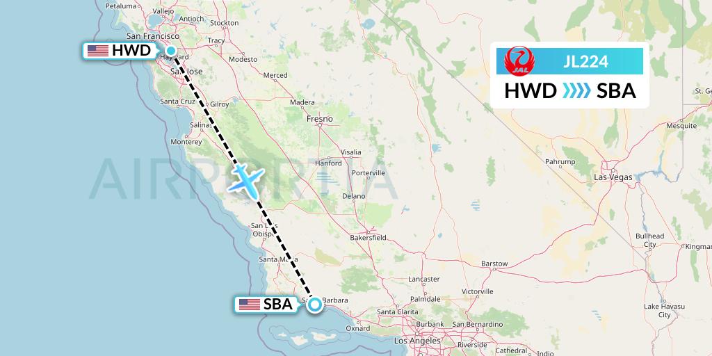 JL224 Japan Airlines Flight Map: Hayward to Santa Barbara