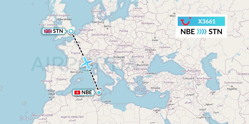 X3661 TUI fly Germany Flight Map: Enfidha to London