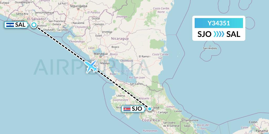 Y34351 Gryphon Airlines Flight Map: San Jose to San Salvador