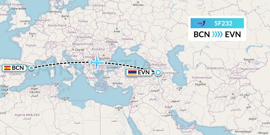 5F232 Fly One Flight Map: Barcelona to Yerevan