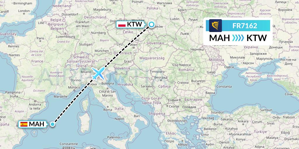 FR7162 Ryanair Flight Map: Mahon to Katowice