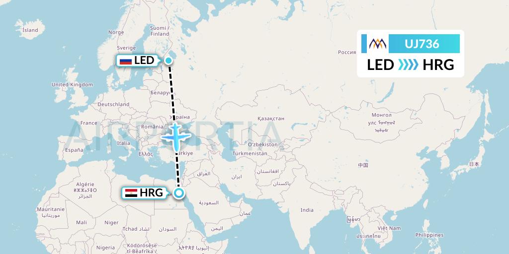 UJ736 AlMasria Universal Airlines Flight Map: St. Petersburg to Hurghada