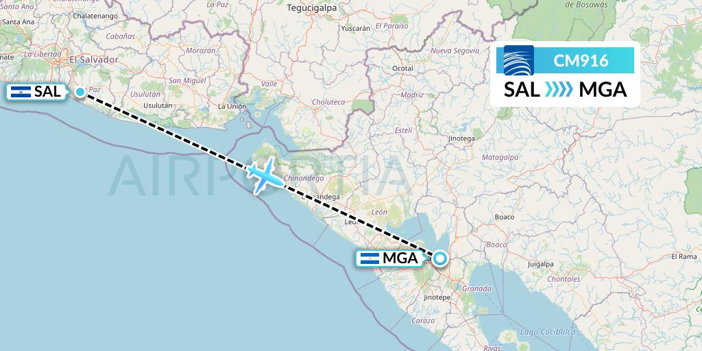 CM916 Copa Airlines Flight Map: San Salvador to Managua