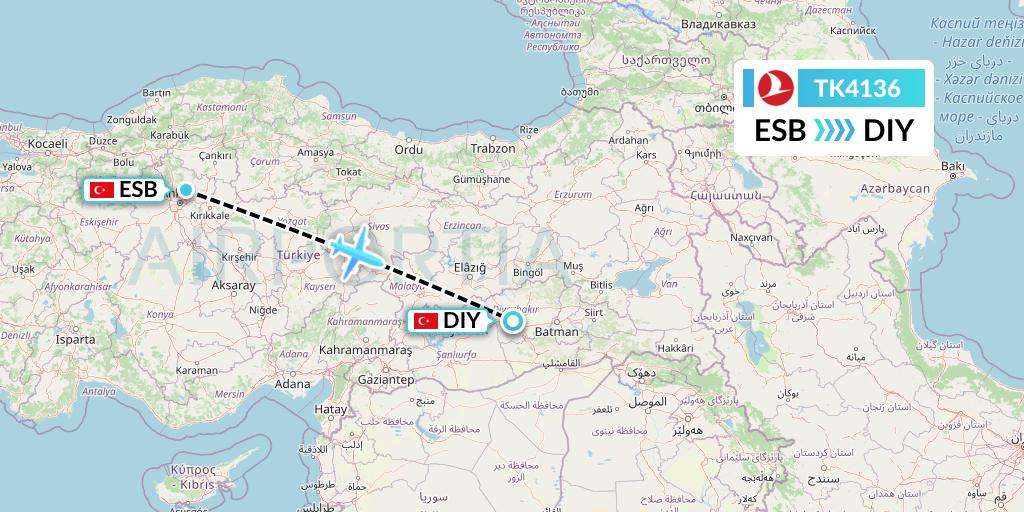 TK4136 Turkish Airlines Flight Map: Ankara to Diyarbakir