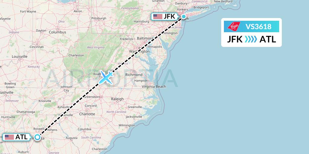 VS3618 Virgin Atlantic Airways Flight Map: New York to Atlanta