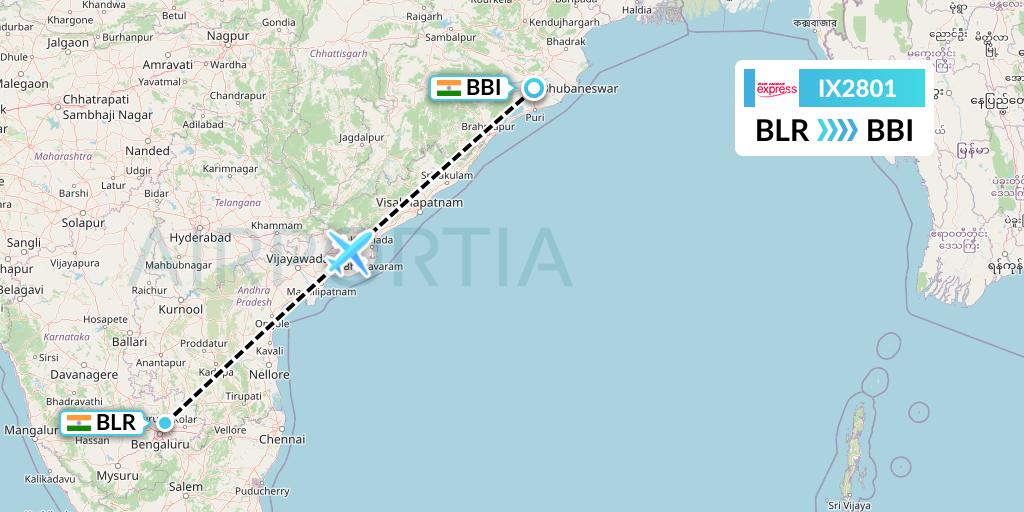 IX2801 Air India Express Flight Map: Bangalore to Bhubaneswar