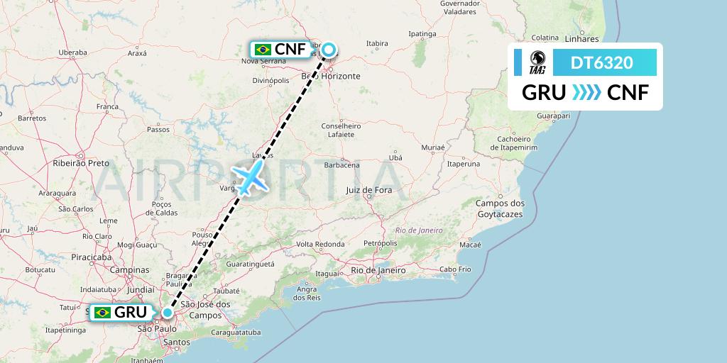 DT6320 TAAG Angola Airlines Flight Map: Sao Paulo to Belo Horizonte