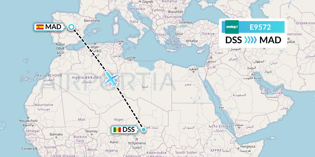 E9572 Evelop Airlines Flight Map: Dakar to Madrid