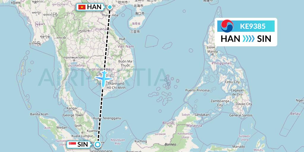 KE9385 Korean Air Flight Map: Hanoi to Singapore