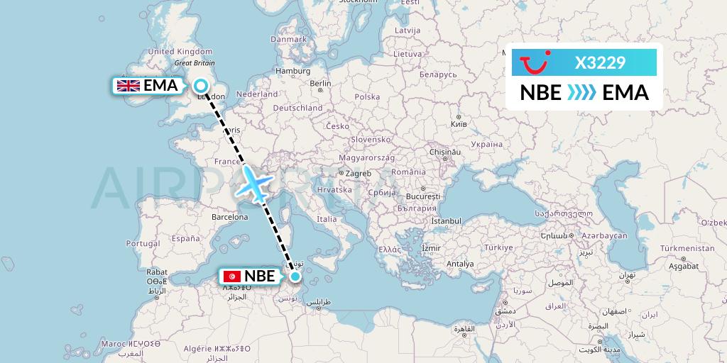 X3229 TUI fly Germany Flight Map: Enfidha to East Midlands